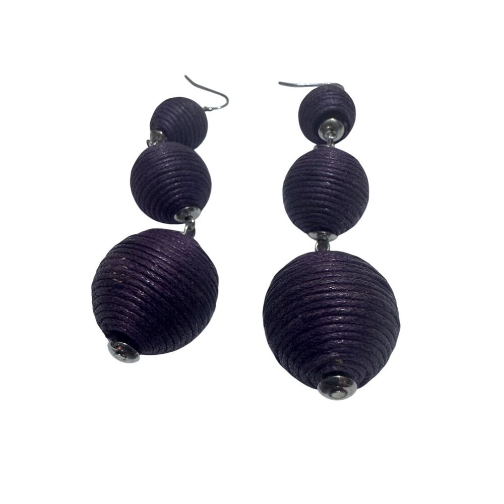 Purple Beaded Ball Drop Earrings 4 Inches Textured Design Dangling Hooks